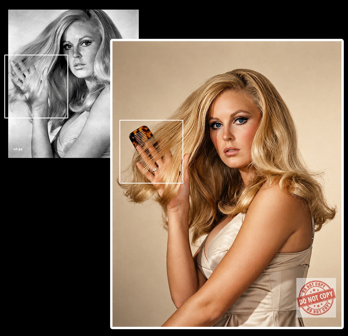 A comb is added to a casual hair-playing moment from a 1960s publicity image for Hammer Films actress Veronica Carlson.
